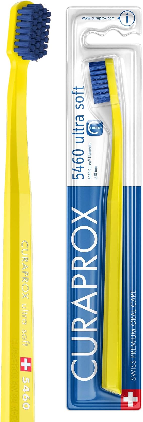 Curaprox CS 5460 Ultra-Soft Toothbrush – Adult Tooth and Gum Care | Super Soft Curen® Bristles for Gentle Cleaning | Yellow-Blue, Single Pack | Made in Switzerland