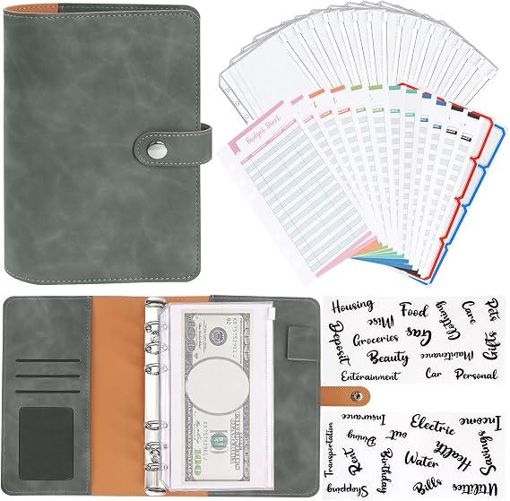 A6 Binder, Soft PU Leather Notebook Binder Cover with 16 Pockets, 12 Budget Sheets, 4 Letter Sticker Labels (Grey)