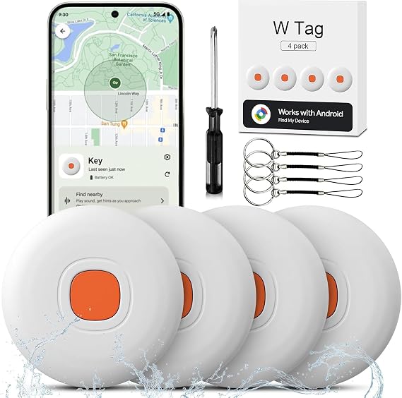 Android Smart Tag, Plotter Set of 4 Works with Google Locate App (Android Only), Equipped with Protective Case, IP68 Waterproof, for Keys/Wallets/Suitcases