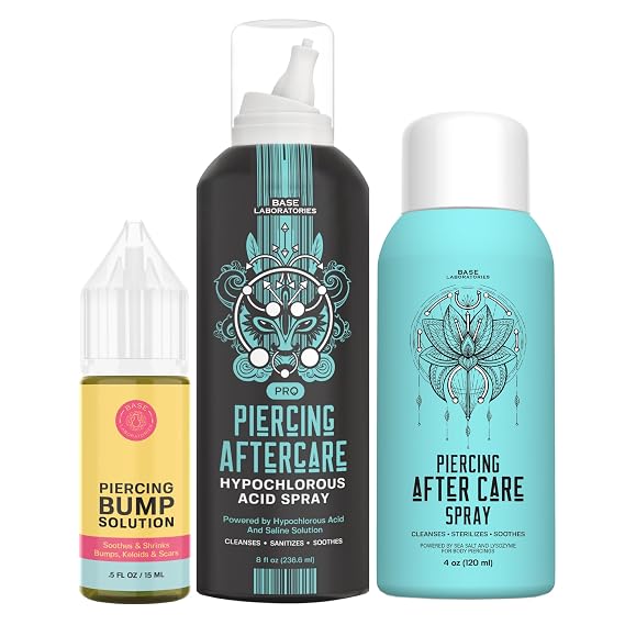 Piercing Aftercare Kit Piercing Bump Oil, Sterilizing Saline Spray, and Hypochlorous Acid Spray | Cleanse, Treat, and Heal Piercing Bumps, Keloids, and Scars