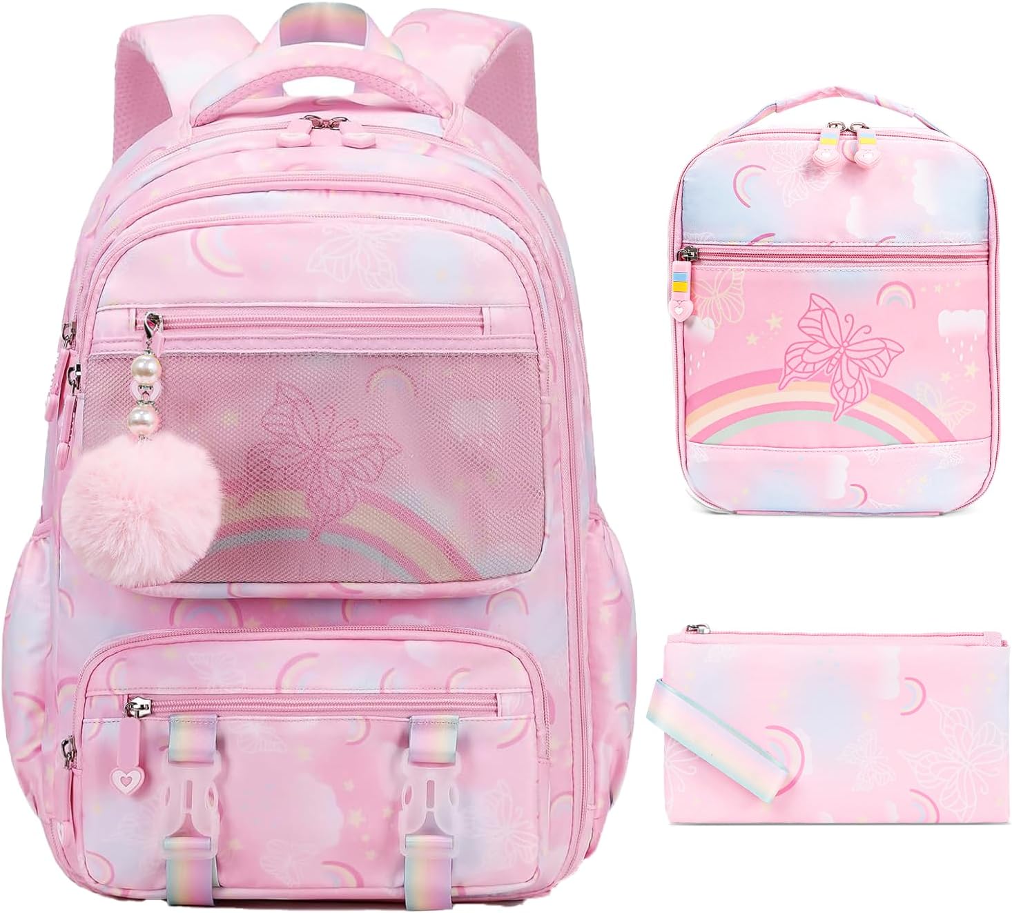 Butterfly Rainbow Backpack Cute, Large Capacity Kids' School Bag with Lunch Box, Multifunctional Stylish Laptop Travel Backpack for Boys and Girls Pink-17inch