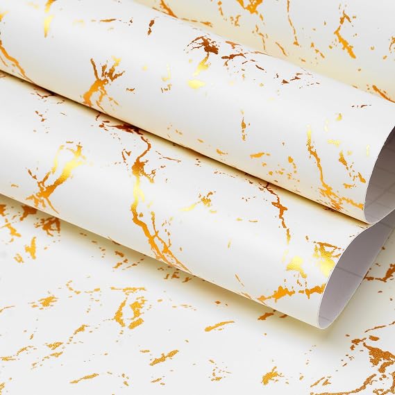 FunStick Modern Gold White Wallpaper Peel and Stick Wallpaper Thick Off White Marble Contact Paper for Countertops Cabinets Waterproof Removable White and Gold Wall Paper for Bedroom Bathroom 12"x200"