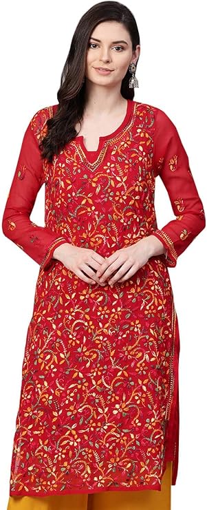 Ada Hand Embroidered Chikankari Georgette Kurta with Slip for Women A90397 | Indian Handcrafted Womens Chikan Top Shirt Traditional Kameez Ethnic wear easter dresses Gift for her