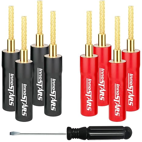 Flex Pin Banana Plugs for Speaker Wire (4 Pairs, 8 Pcs), Speaker Connector Pin Plug Type, 24K Gold Plated Insulated for Spring-Loaded Banana Jack Terminals, Support 12 AWG to 20 AWG Wires