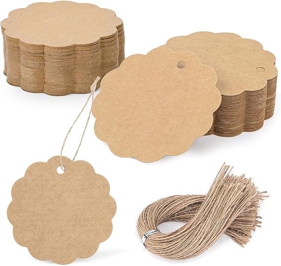 100PCS Brown Scalloped Round Gift Tags, 2.4 inches | Pre-punched Kraft Tags Include Jute String and Spacious Blank Surfaces for Bakery Stamps, Notes and Jar Labels