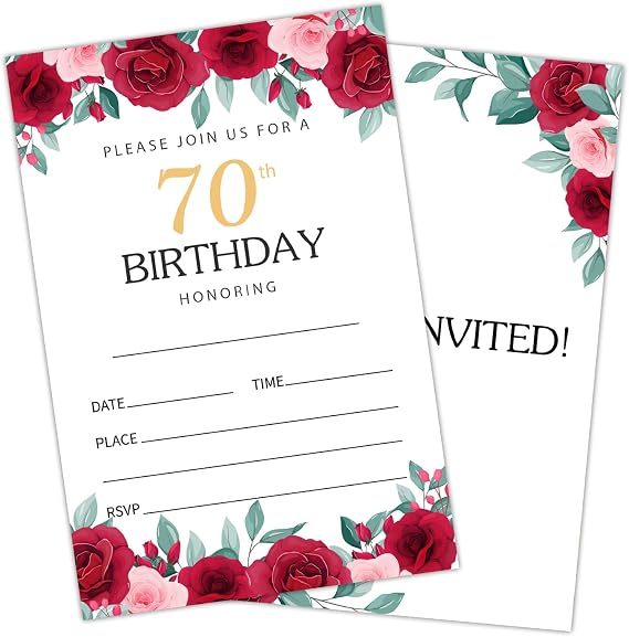 70th Birthday Invitation, Rose Gold Birthday Party Invitation Cards for Women and Men, Party Celebration Supplies, 20 Rose Flower Invitations with Envelopes for Birthday Party