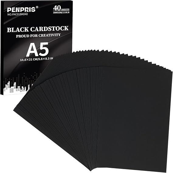 40 Sheets Black Cardstock A5 Size 300gsm/110lb Construction Paper