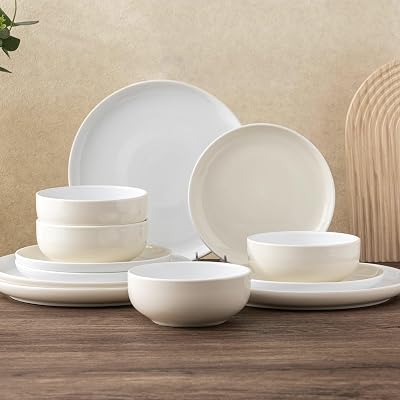 GBHOME 12 Pieces Ceramic Dinnerware Set, Modern White Dish Set for 4,Scratch Resistant Smooth Plates and Bowls Sets,Oven Safe,Microwave & Dishwasher