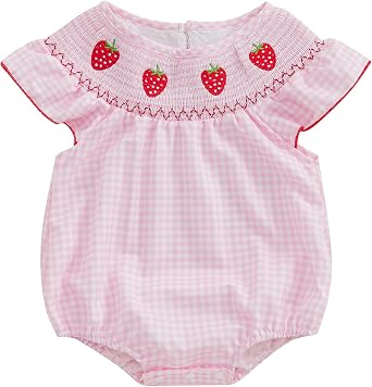 Kayotuas Newborn Baby Girls Smocked Bubble Romper Cute Embroidery Ruffle Gingham Bodysuit Dress Infant Toddler Summer Clothes