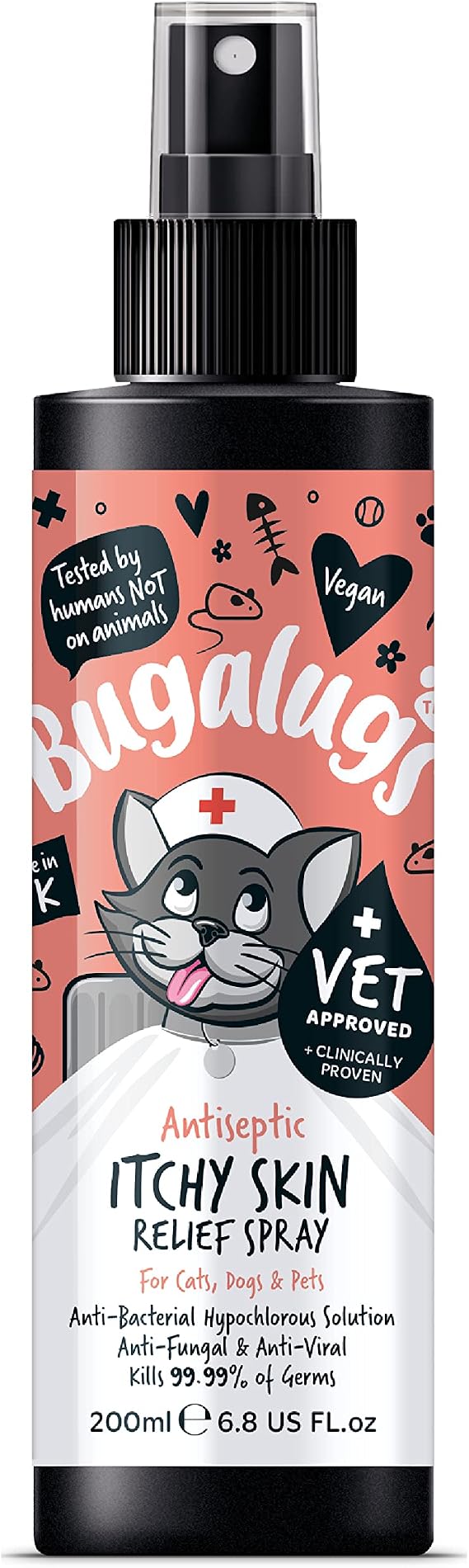 BUGALUGS Cat itchy skin relief Antiseptic spray 200ml, for kitten, cats & small animals - cat anti scratch cat spray is Antibacterial, Antifungal & Antiviral use for cat acne
