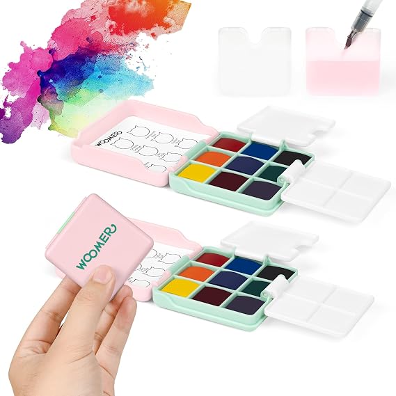 Woomer Pocket Watercolor Paint Set, 9 Vivid Colors Travel Watercolor Paint with 2 Foldable Palettes, Wash Cup, Perfect Water Color Set for Beginner Enthusiast Gift (9 Colors*2 Pack)