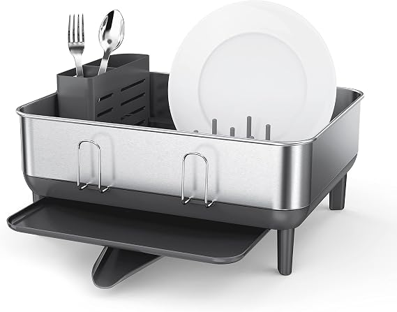 simplehuman Steel Frame Dishrack, Compact Dish Drying Rack for Small Kitchens, 360o Easy Drain Swivel Spout, Anti-Residue Coating, Moisture Control Surface, Matte Black