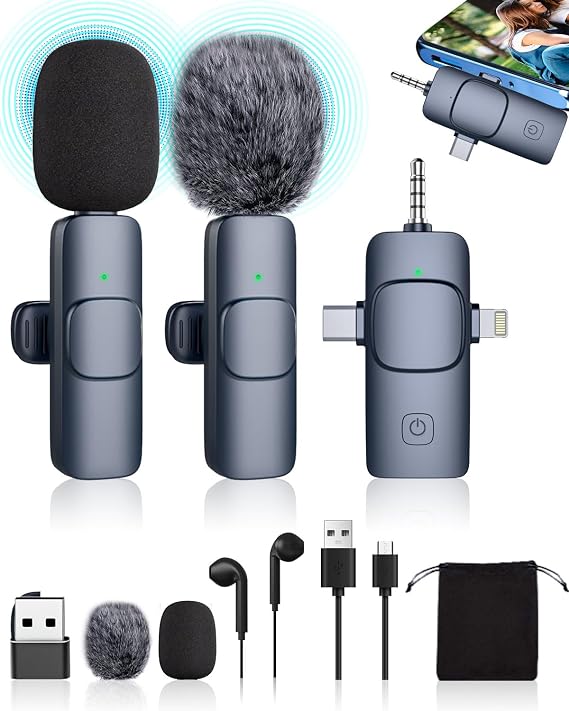 Wireless Lavalier Microphone for iPhone,Android,PC,Camera,iPad,4 in 1 Mini Microphone USB-C with Monitor Headphones,Wireless Microphones for Podcast Recording Interview Video Vlog YouTube Tiktok Blue