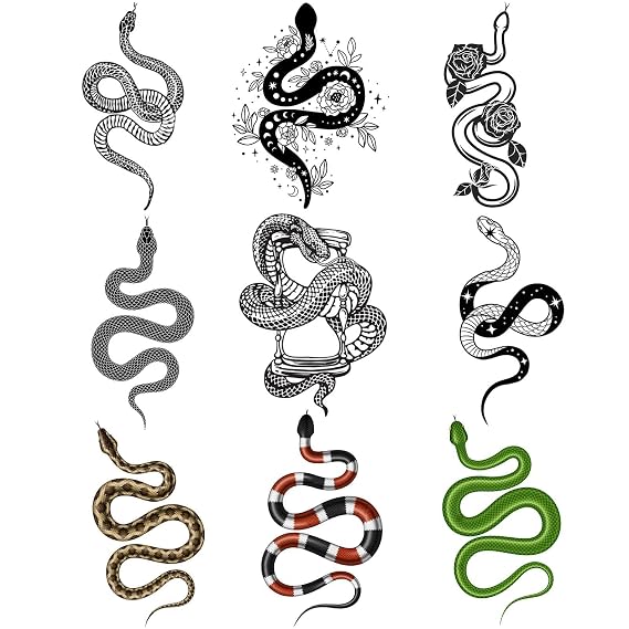 CARGEN Realistic Snake Temporary Tattoos - 3 Sheets 9 Design 3D Snake Stickers Fake Tattoos Snakes for Kids Snake Tattoos for Women Men Adult Green Rose Flower Star Hourglass Body Art Forearm Arm