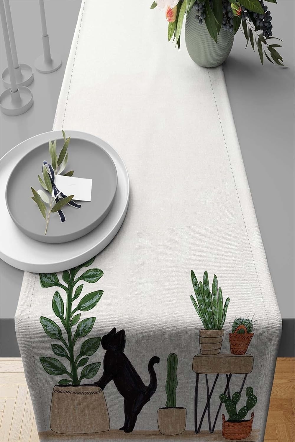 Viva Home 40X140Cm Runner Dokuma Leke Tutmaz Premium Tay Tüyü Kumaş Masa Örtüsü Kaktüslü Rnr444