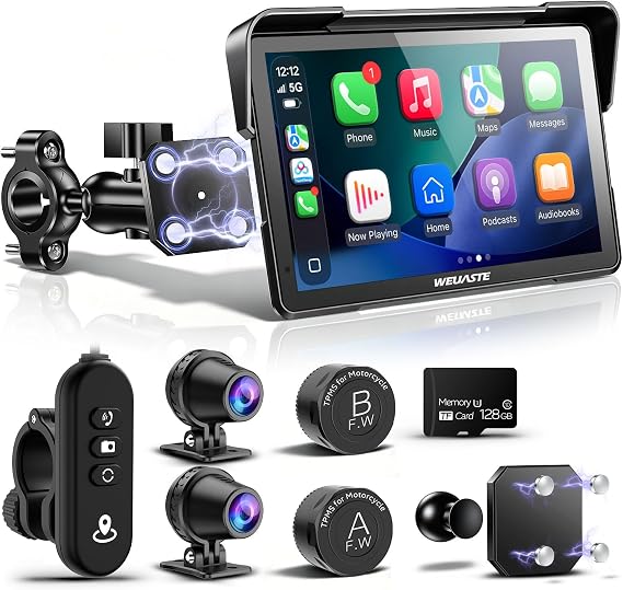 2026 Weuaste 7" Wireless Motorcycle CarPlay with Android Auto/iOS, GPS Navigation, HD Touch Screen, Dual 2K Dash Cam, Bluetooth, IP69K Waterproof, TPMS, G-Sensor, Loop Recording, 128GB SD Card