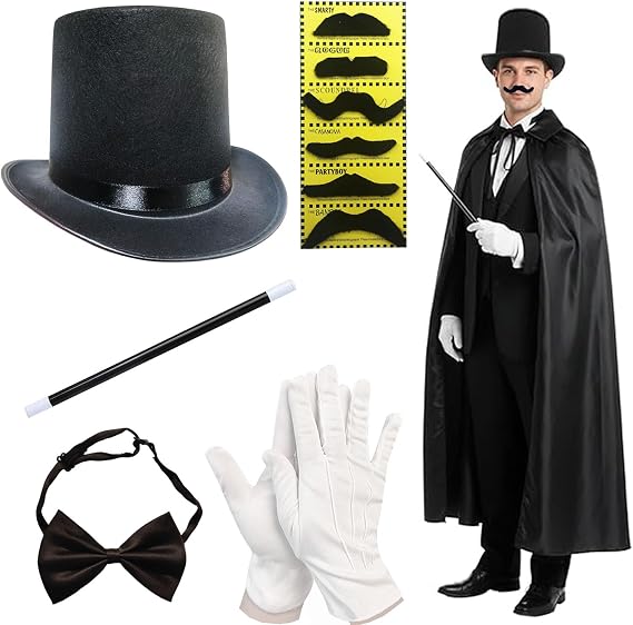 Magician Costume Accessories for Adult with Top Hat Set,Beard,Bow Tie, Magic Wand and Gloves for Magic Tricks Show Halloween Cosplay,1920s Men Accessories