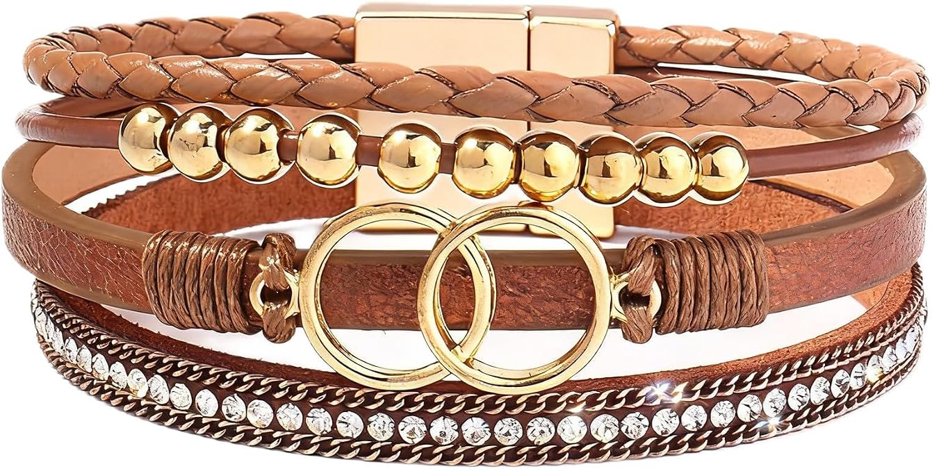 Leather Wrap Bracelets for Women, Boho Leopard Multi-Layer Crystal Beads Cuff Jewelry