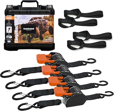 CargoBuckle Trailcase Deluxe Retractable Ratchet Straps, Tie-Down Ratcheting System: Includes 4 Straps, 4 Soft Loop Hook Converters & Weatherproof Case, for Loads Up to 10,000 lbs 2-Inch