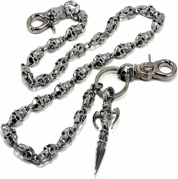Double K Skull Axe Pendant Heavy Biker Trucker Key Jean Wallet Chain (22.5/28.5") Silver Black CS59