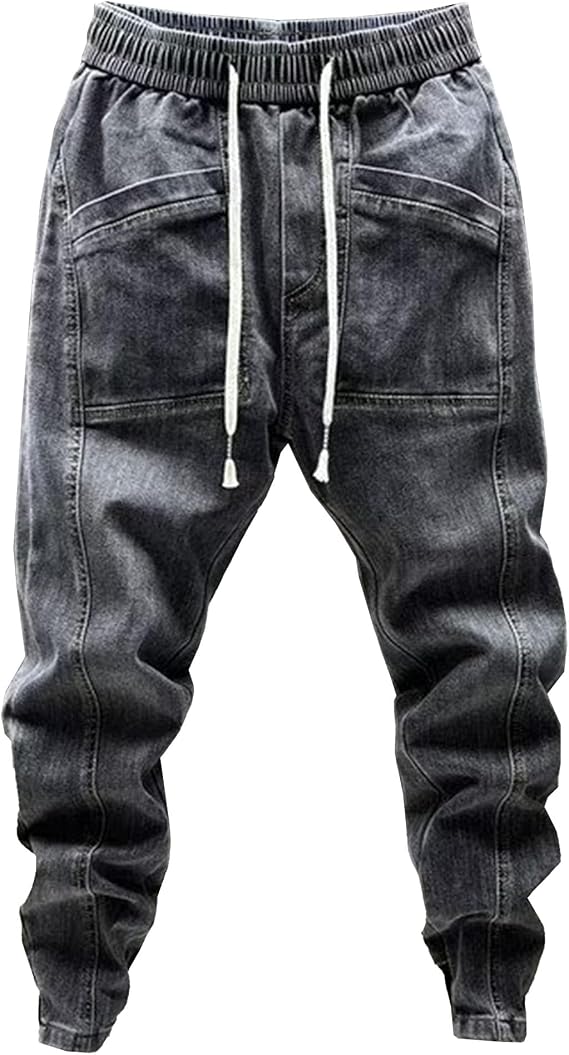 Men's Stretchy Drawstring Jeans Elastic Waist Slim Fit Denim Pants Tapered Regular Washed Jean Pant