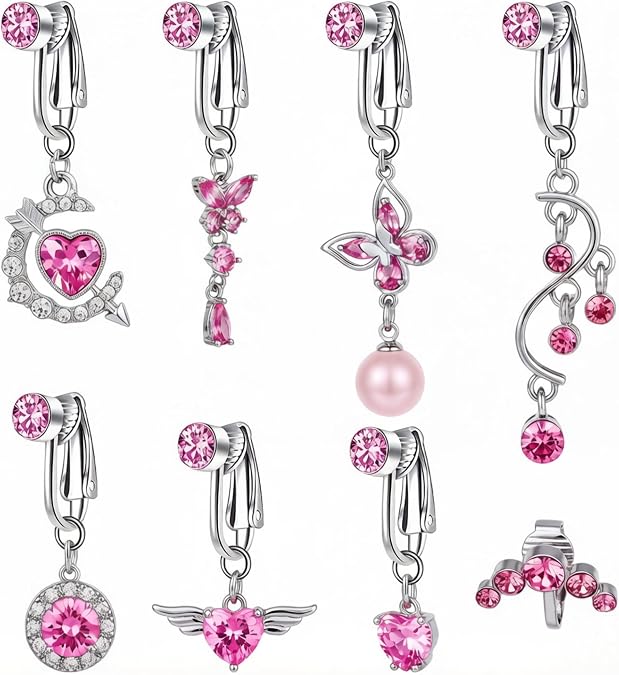 Fake Belly Button Ring Clip-On - 8Pcs Navel Clip with Zirconia for Women, Ear Clips or Clip on Belly Button Rings Non Piercing for Beach Vacation Party Body Accessorie
