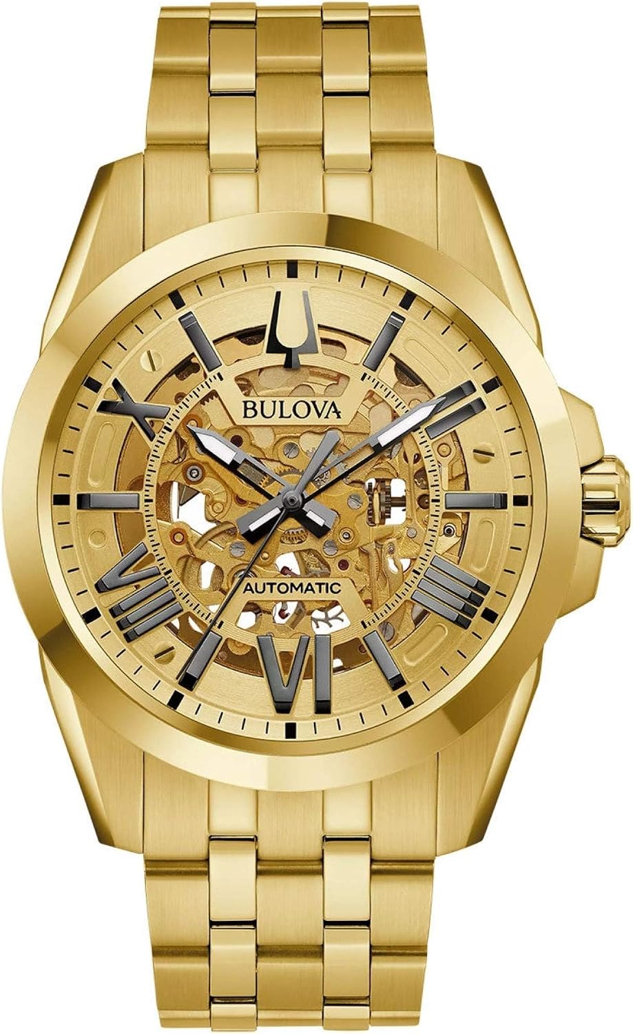 Bulova Mens Sutton Chronograph Automatic Gold Tone Watch | 97A162, Gold Skeleton, Modern