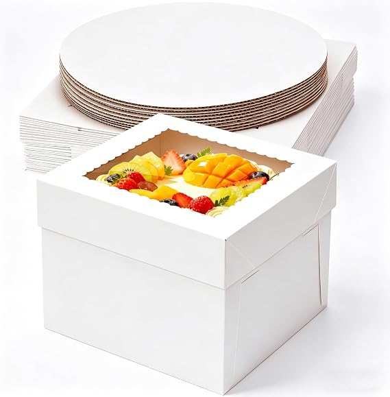 12 inch Cake Box & White Cake Board Set 12" x 12" x 8" Square 10 Packs (5 x boxes & 5 x boards) Clear Windows Disposable Cake Containers for Wedding Birthday Party Celebration (12x12x8inch)