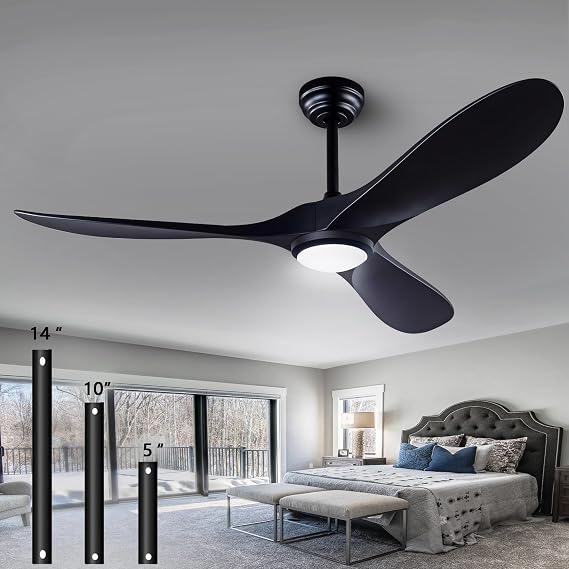 52-inch Reversible, Quiet Black Ceiling Fan Light with Remote Control | Modern, waterproof, DC motor, with light, 3 plastic fan bladesideal for dining rooms, bedrooms, hallways, sunrooms, and more