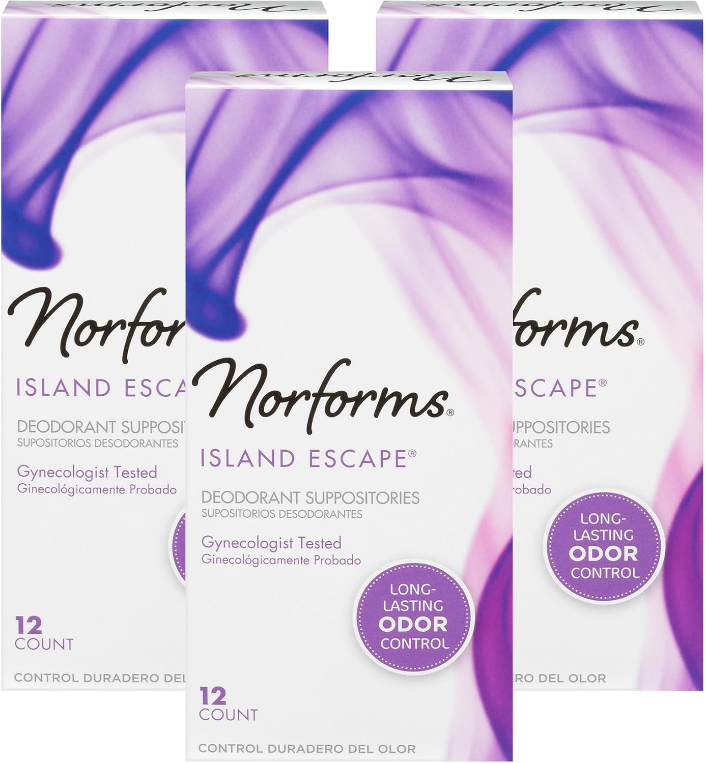 Norforms Feminine Deodorant Suppositories, Long Lasting Odor Control, Island Escape Scent, 12 Count Deodorant Suppositories in Each Box Pack of 3