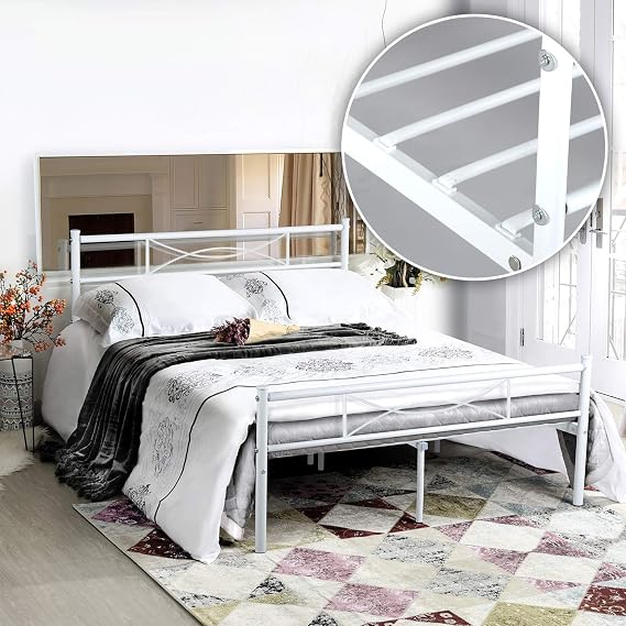 Stable Metal Frame Twin Size 6 Legs Two Headboards Mattress Foundation Steel Platform Bed Box Spring Replacement (Queen),White