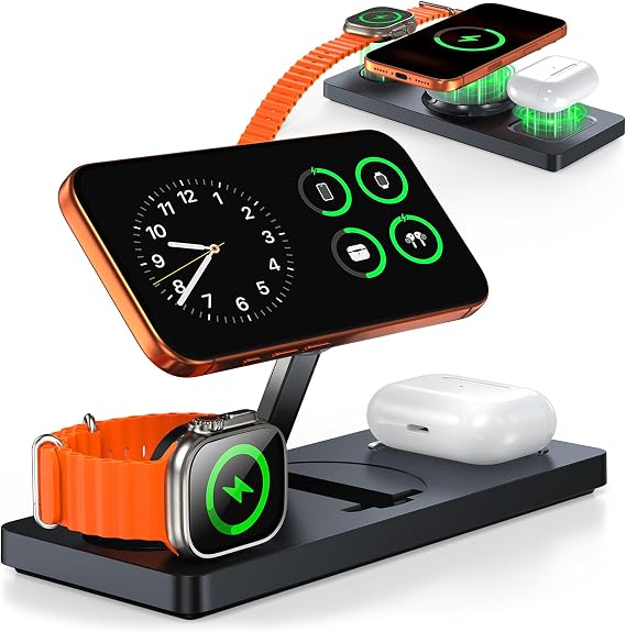 Foldable 3-in-1 Wireless Charging Station for Apple Magsafe Charger Stand, Travel-Friendly Fast Magnetic Wireless Charger Station for iPhone 17/16/15/14/13/12, Apple Watch & AirPods Series, Black | Travel-Friendly Fast Magnetic Wireless Charger Station for iPhone 17/16/15/14/13/12, Apple Watch & AirPods Series, Black