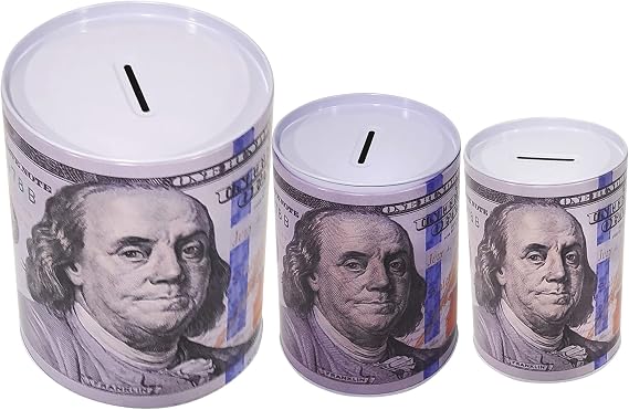 3-Pack $100 Bill Print Piggy Bank Tall Metal Coin Bank, Durable Reusable Tin Money Saving Jar, Novelty Gift