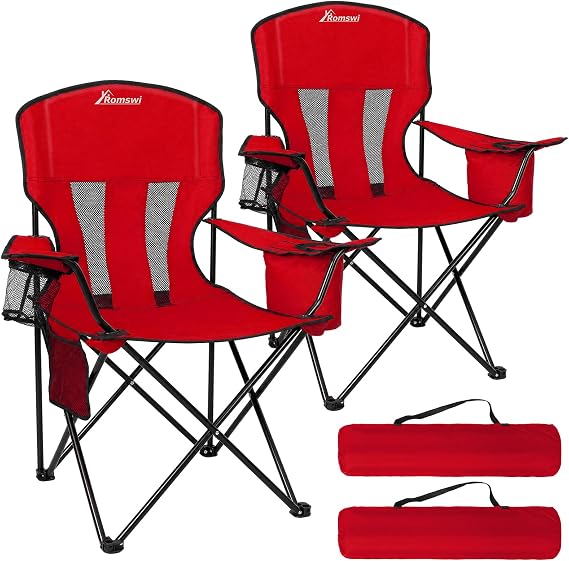 Camping Chairs for Adults 2 Pack, Folding Chair with 4-Can Cooler Bag & Cup Holder, Portable Heavy Duty Outdoor Chair for Camping, Beach, Lawn, Fishing, Red