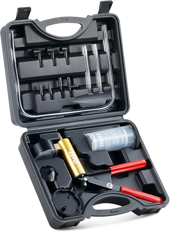 OMT One-Man Brake Bleeding Kit with Hand Vacuum Pump and Dial Gauge, Black | High Grade Aluminum Alloy Fluid Evacuation System; Resilient PVC Tubing and Connectors; Great for Multi-Vehicle Servicing