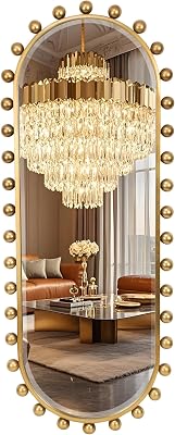 Oval Full-Length Wall Mounted Mirror 20 x 51, Antique Gold Beaded Beveled Mirror with Ball Frame, Vertical & Horizontal Hanging Wall Mirror for Bathroom, Bedroom, Dressing Room, Entryway