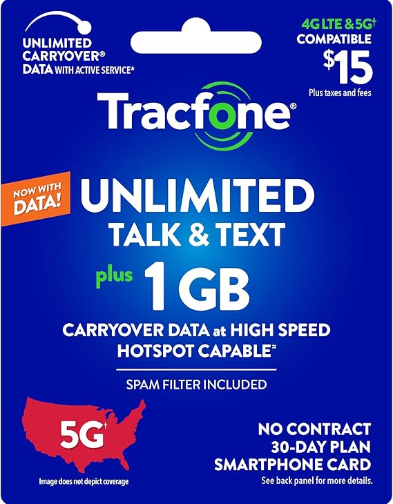 Tracfone $15 無制限トーク&テキスト、1GBのデータ/30日間物理カード