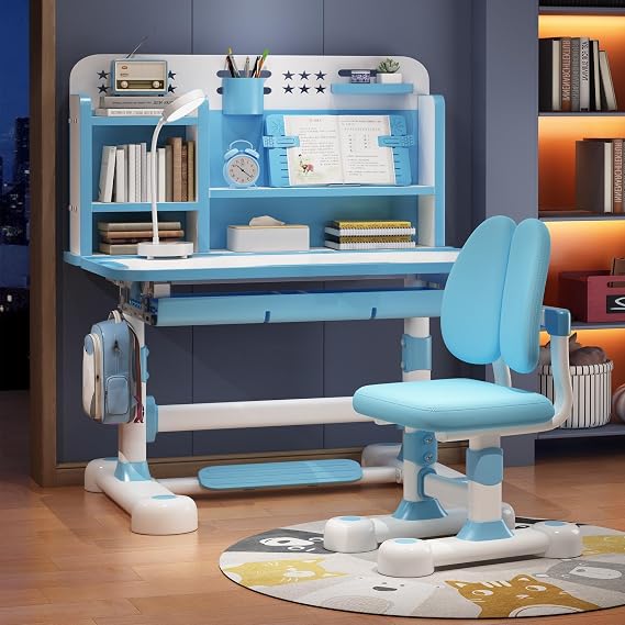 Upgraded Wide Kids Desk and Chair Set, Height Adjustable Kids Study Desk, School Writing Table with Book Stand, Foot Pedal Blue
