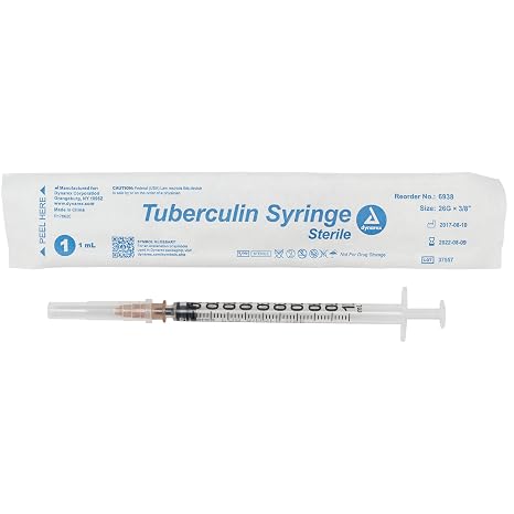 Dynarex Disposable Tuberculin Non-Safety Syringe, 1cc 26G -3/8 Inch Needle - 6938, 100 Count | Sterile, Thin Wall Needle, Double Bevel Tip, Low Dead Space, Smooth Glide Plunger, Clear Scale Markings, Rx Only