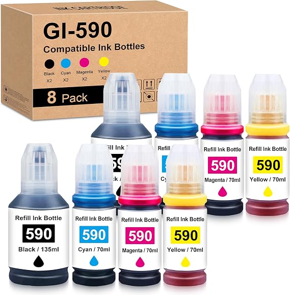 Compatible GI-490 GI-590 Ink (135ml/70ml) Replacement for GI 590 GI590 Ink Bottle for CAN G4511 G3501 G1400 G1500 G1510 G2400 G2500 G2510 G3400 G3500 G3510 G4500 G4510 Printer (8 Pack)