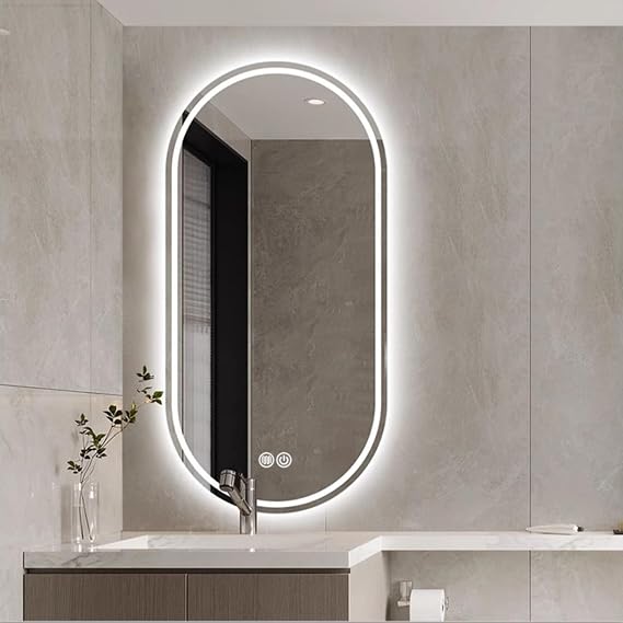 Bathroom Mirror with LED Lights,Oval LED Bathroom Mirror Wall Mounted, Illuminated Vanity Makeup Mirror with 3 Colour Temperature Demister Smart Touch (Size:40 * 80cm)