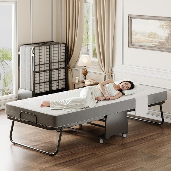 Large Folding Bed with Mattress for Adult Foldable Rollaway Bed for Guest, Space Saving Fold Up for Easy Storage (75"31")