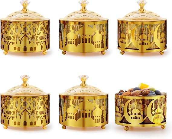 6 Pcs Ramadan Trays with Lid Metal Gold Moon Castle Star Arabesque Eid Mubarak Tray, Plate, Food Storage Container for Serving Cookie Candy Pastry Dessert Eid Party Display