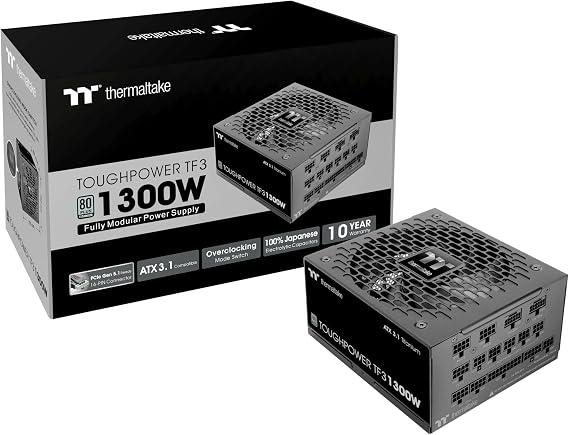 Thermaltake Toughpower TF3 1300W; 2X Native PCIe 5.1 12V-2x6; Dual-Color H++ Connectors; Etched Flat Cables; Multi/Single Rail OCM Toggle; 100% Japanese Capacitors; 80+ Titanium; PS-TPD-1300FNFATU-1