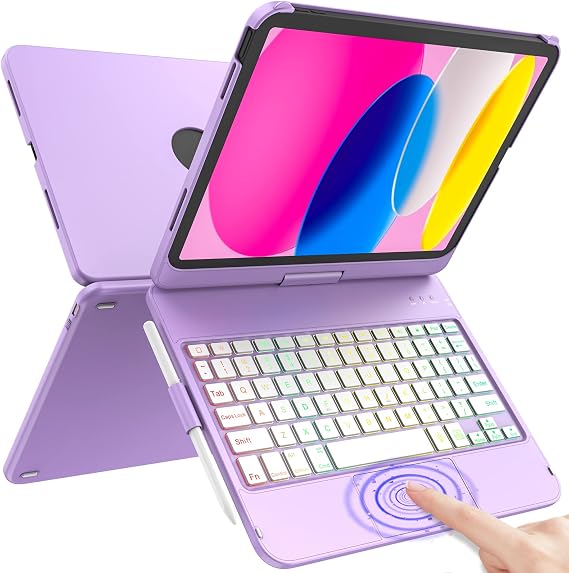 HOTLIFE for iPad A16 11th Generation/10th Generation Case with Keyboard,Touch Keyboard for iPad 11" /10th Gen 10.9 inch 2022-10 Color Backlight, 360 Rotatable Protective Cover (Light Purple)