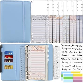 Mlife Budget Binder with Zipper Envelopes, A6 Money Organizer Cash Bills Coupon Card Budget Planner, Cash Envelopes for Saving Blue