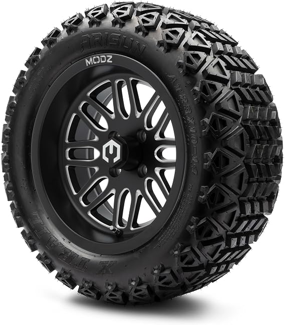 MODZ Mayhem Matte Black Ball Mill 14" Golf Cart Wheels and Arisun X-Trail (23x10-14) DOT All-Terrain Golf Cart Tires Combo - Set of 4
