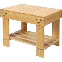 Bamboo Step Stool with Storage Shelf, Wooden Anti-Slip Foot Stool for Kids & Adults, Stable Small Stool for Bathroom, Kitchen, Bedroom