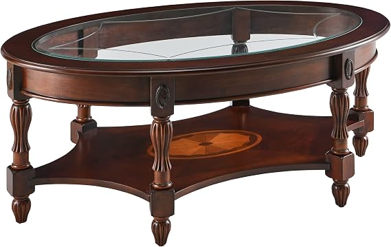 LEOFI MODERION Traditional Solid Wood Coffee Table with Tempered Glass Top,Oval Cocktail Table with Storage Shelf for Living Room,Office Walnut