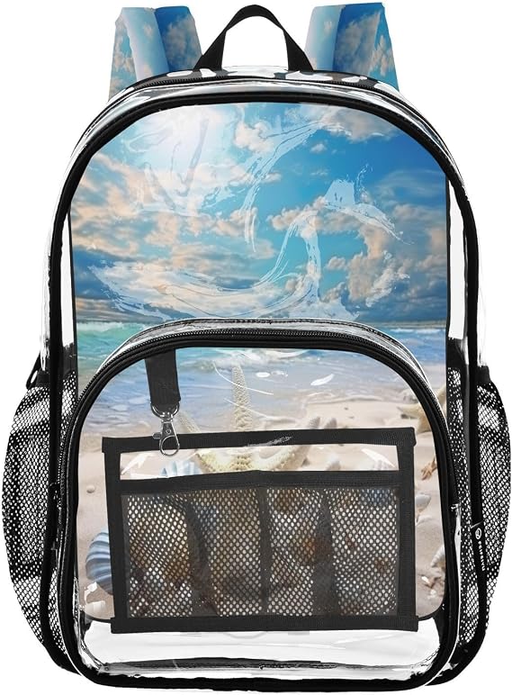 Blue Sea Ocean Beach Clear Backpack - Stadium Approved Large 15.7-inch Waterproof Transparent Bag for Sports, Concerts, Work, Travel#123